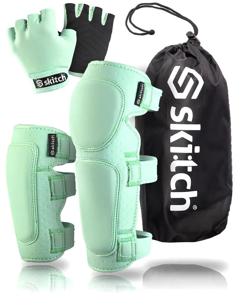 SKITCH Skateboard Protective Safety Gear Set for Kids Teen | Premium Lycra Sport Knee Pads + Elbow Pads + Padded Gloves + Carry Bag | Scooter Roller Skate Inline Skating Rollerblading | Mint Green (M)