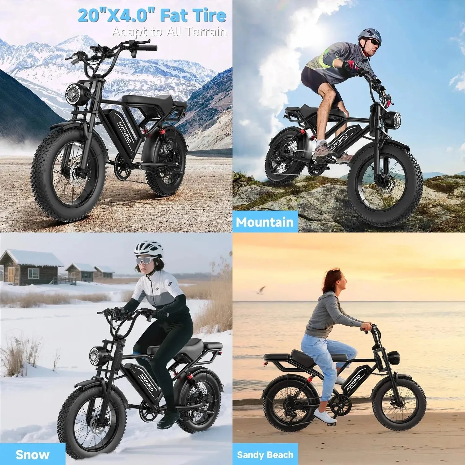 AOVOPRO AP20 Electric Bike Fat Tyre Dual Suspension with Back Seat up to 50 Km/h
