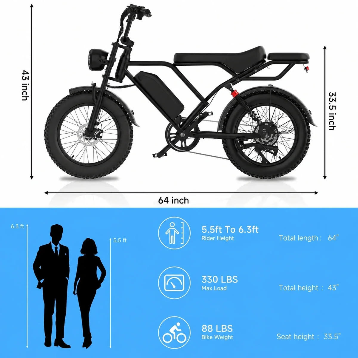 AOVO AP20 with plain battery case and dimensions, rider height and load specifications