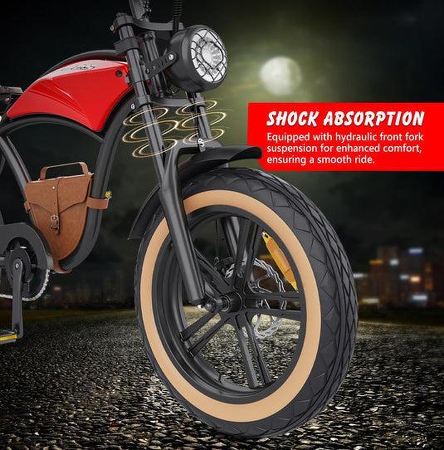 Motorcycle with shock absorption feature highlighted on a dark road background
