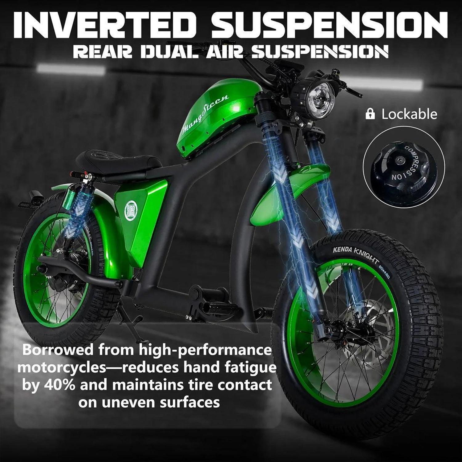 Green electric bike with inverted suspension system on a dark background