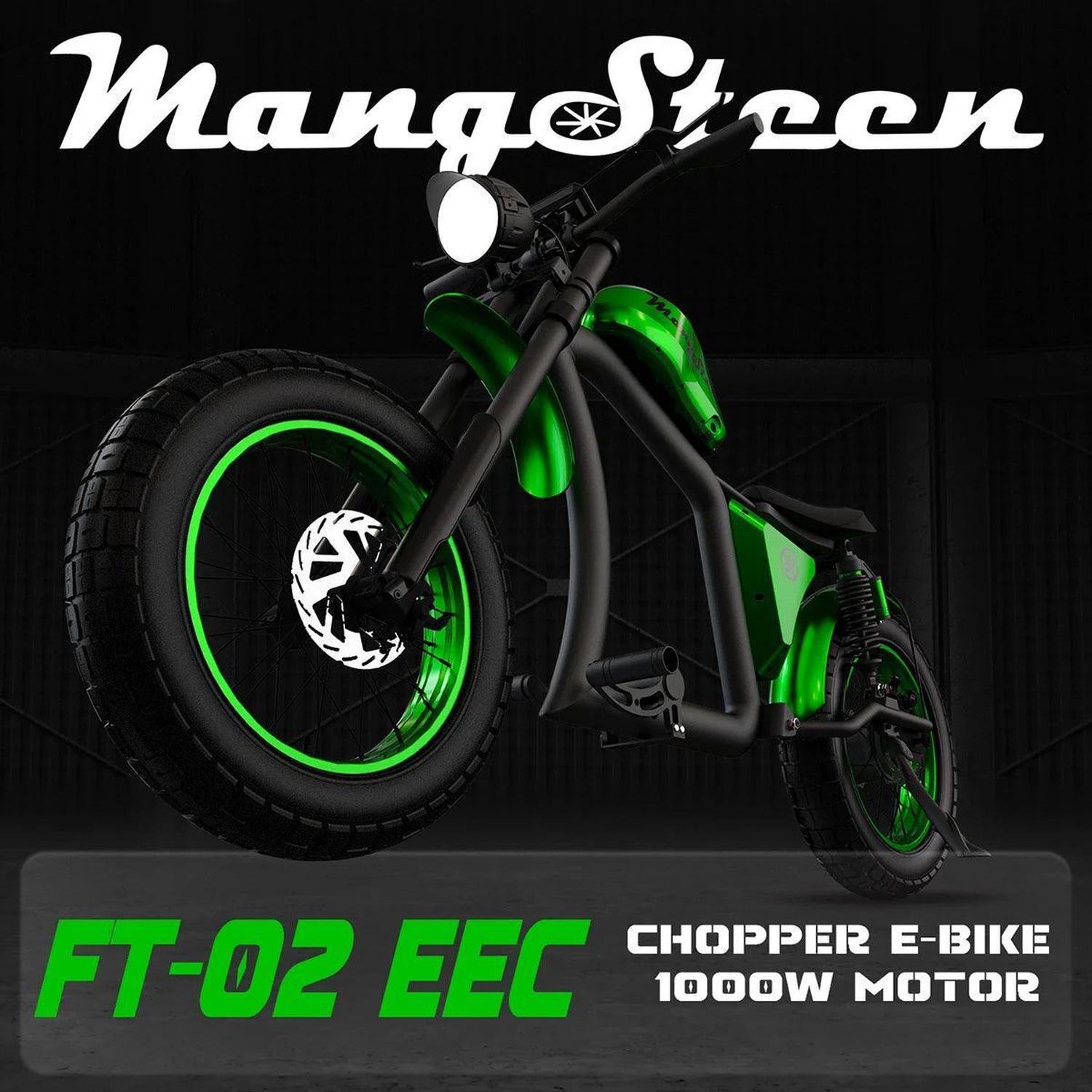 Mangosteen FT-02 EEC Chopper E-Bike with green wheels on a black background