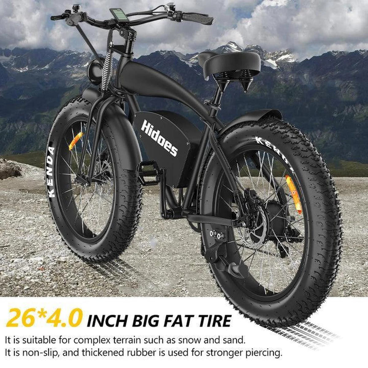 Black electric bike with large fat tires on a mountainous landscape