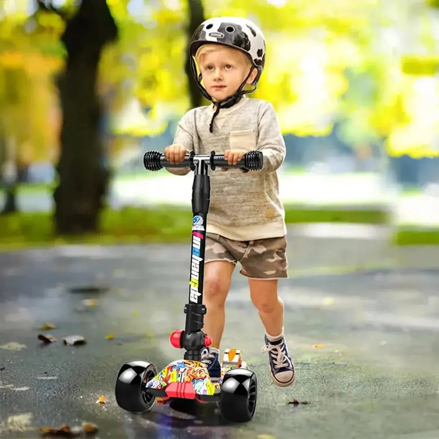 Kids Foldable Graffiti Scooter with Light Up Wheels for Ages 3 to 8