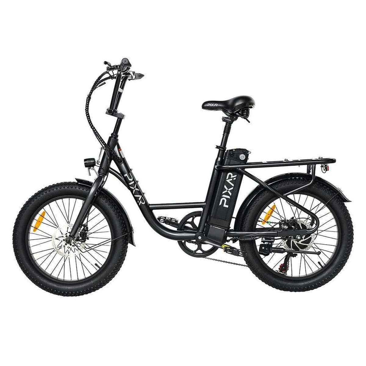 Black electric bike with 'PIXAR' branding on a white background