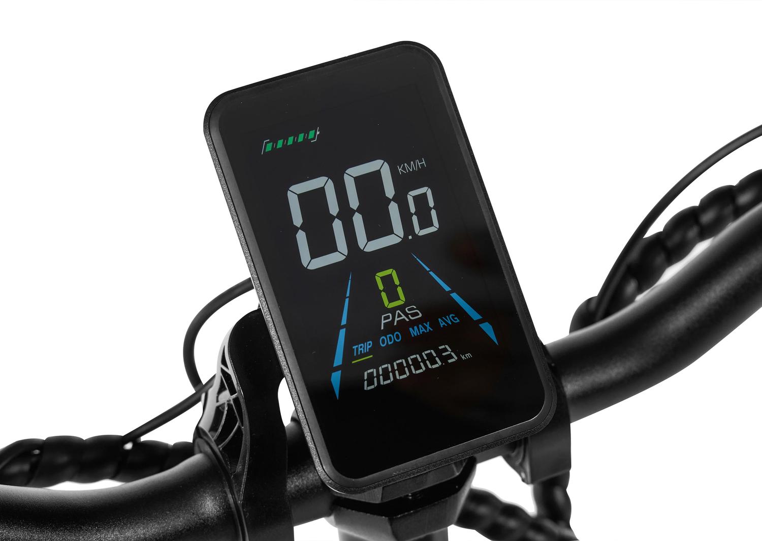 Digital display on a bicycle handlebar with a white background