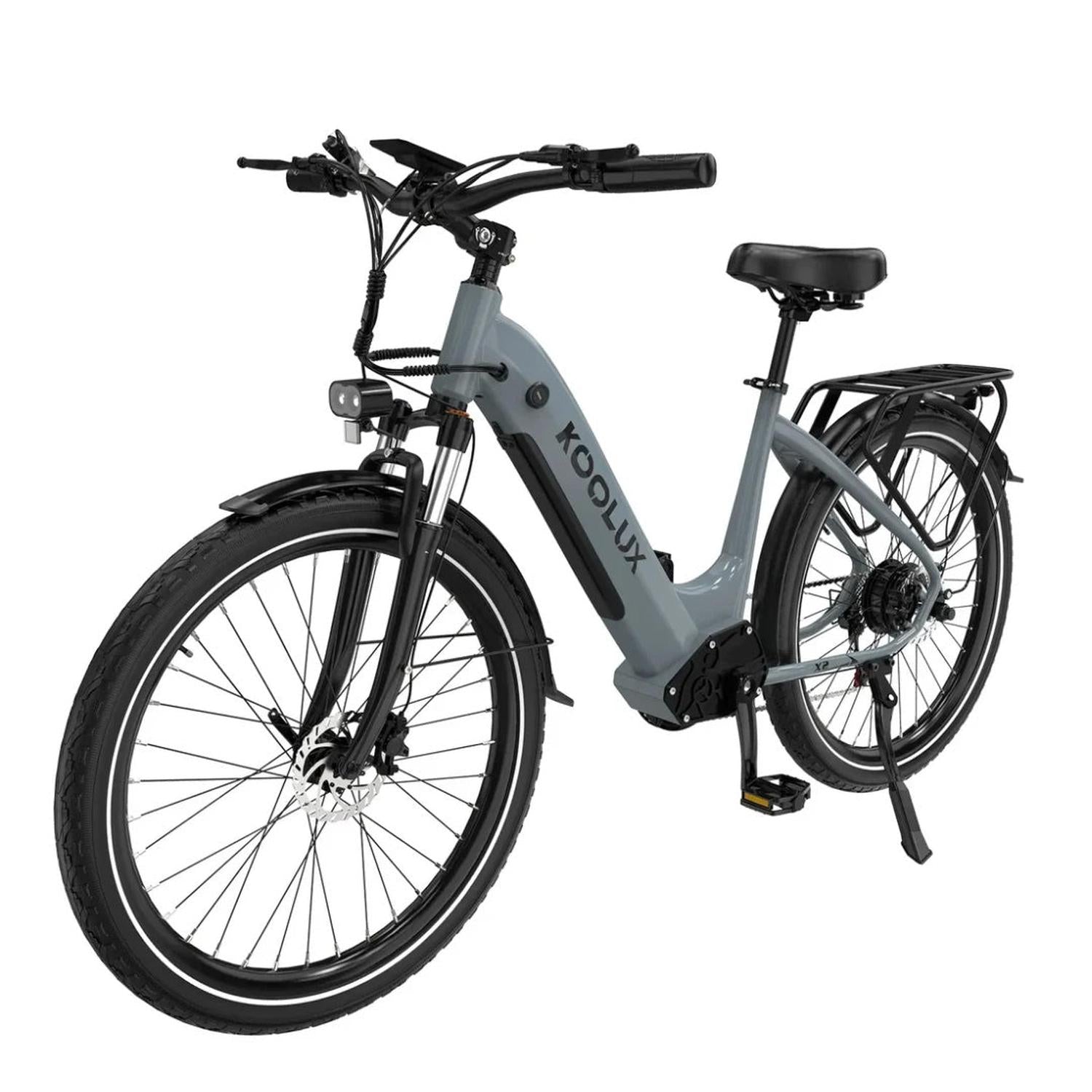 Gray electric bicycle with Koolux branding on a white background