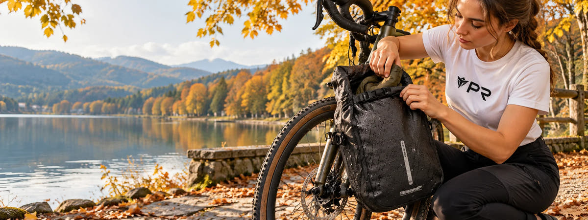 A person in a white Punk Ride logo T-shirt opening and packing the exact black 6 L Rhinowalk fork bag, attached low on a parked bicycle fork in an autumn setting. Desktop collection banner.