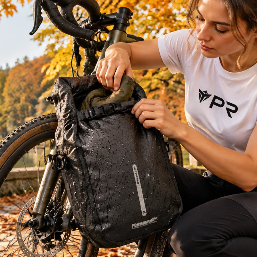 A person in a white Punk Ride logo T-shirt opening and packing the exact black 6 L Rhinowalk fork bag, attached low on a parked bicycle fork in an autumn setting. Mobile collection banner.
