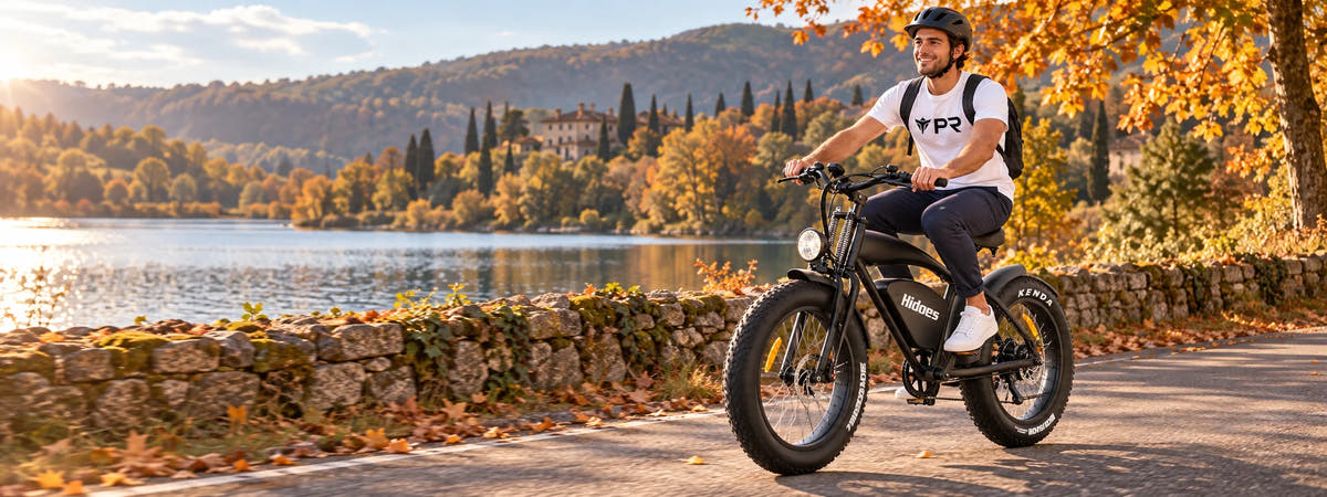 Helmeted rider wearing a white Punk Ride T-shirt, riding the HIDOES B3 Bike in an autumn setting.