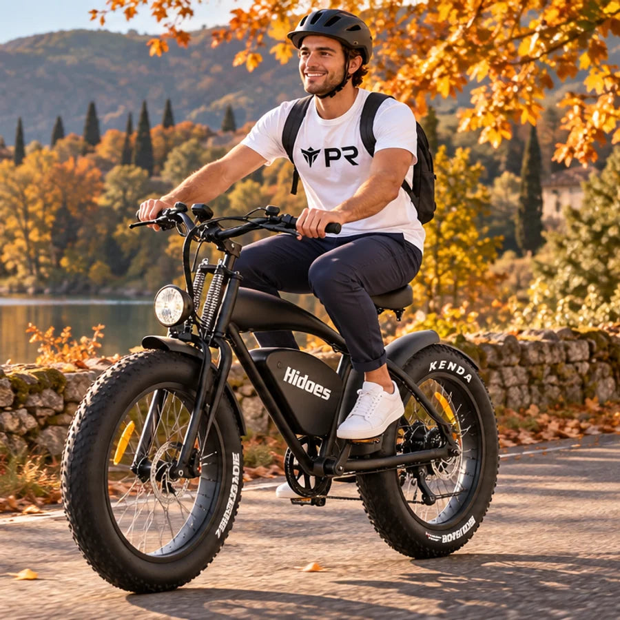 Helmeted rider wearing a white Punk Ride T-shirt, riding the HIDOES B3 Bike in an autumn setting.