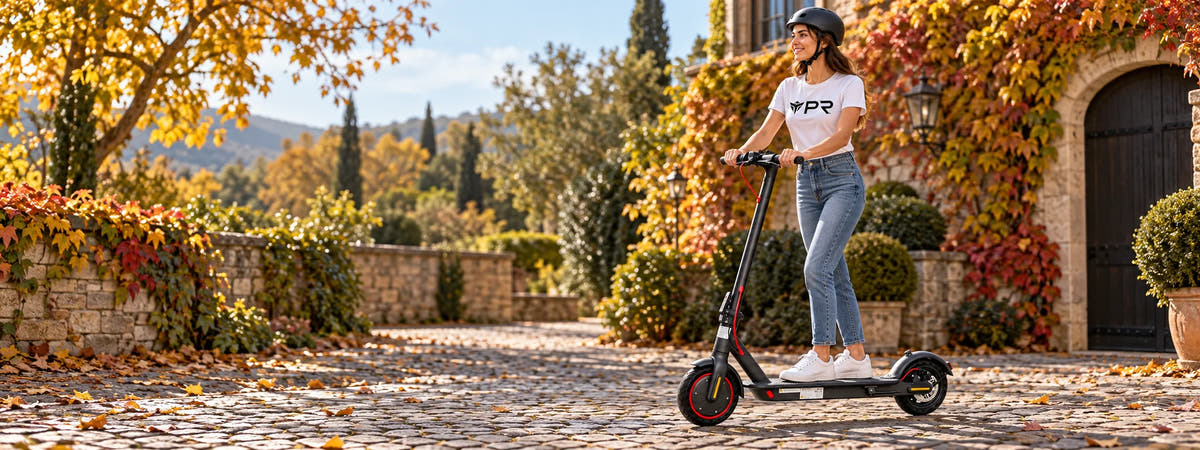 A helmeted rider wearing a white Punk Ride logo T-shirt rides the AOVOPRO ES80 Electric Scooter in an autumn setting. Desktop collection banner.