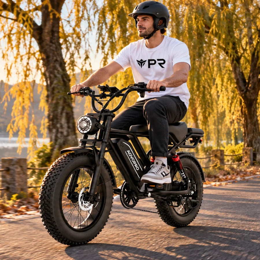 A helmeted rider wearing a white Punk Ride logo T-shirt rides the AOVOPRO AP20 / QLAWAY Electric Bike in an autumn setting. Mobile collection banner.