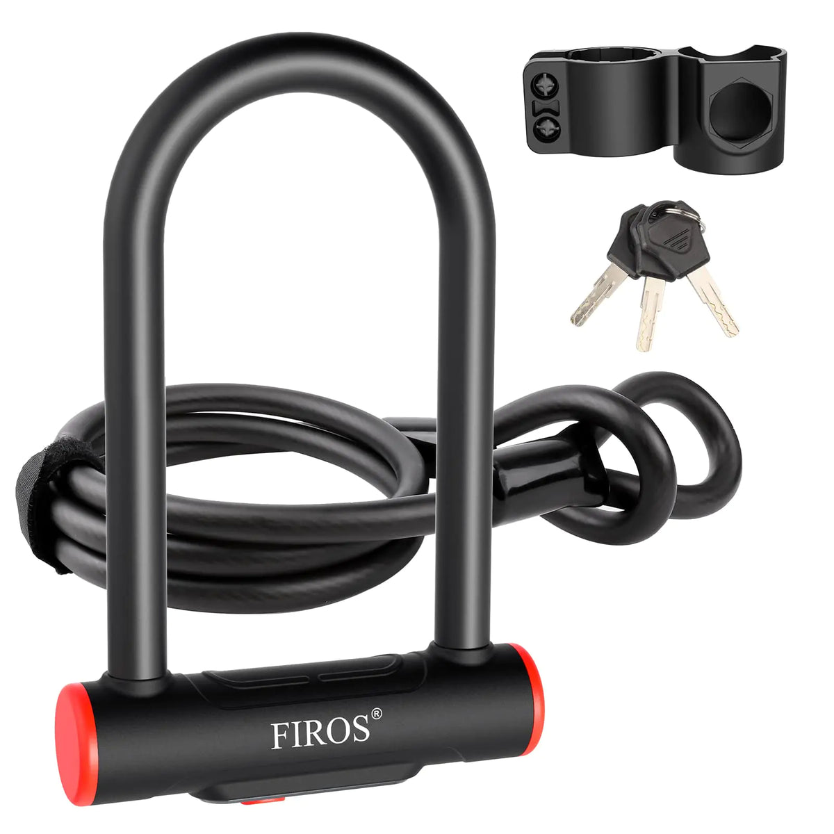 FIROS Bike U Lock with Cable Heavy Duty Bike Lock 16mm Bicycle Lock with Security Cable and Sturdy Mounting Bracket for Road Bike Mountain Bike Motorcycle and More (Black Small with 5FT Cable)
