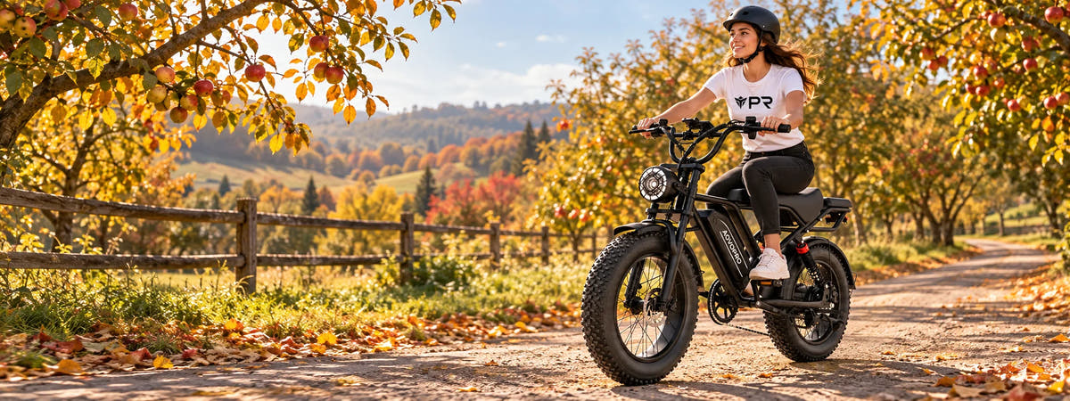 A helmeted rider wearing a white Punk Ride logo T-shirt rides the AOVOPRO AP20 / QLAWAY Electric Bike in an autumn setting. Desktop collection banner.