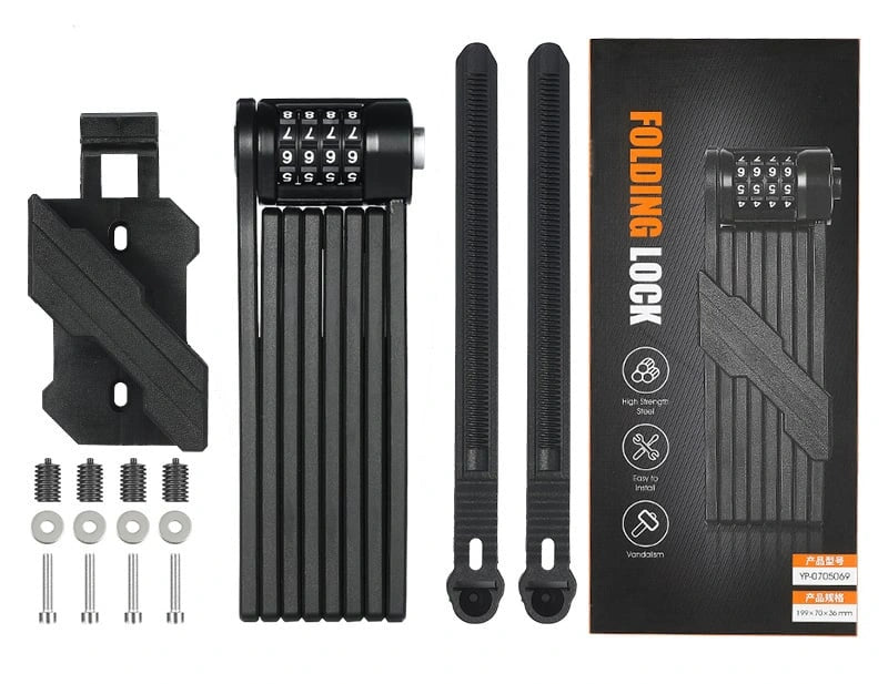 Black folding bicycle combination lock and supplier accessories on white