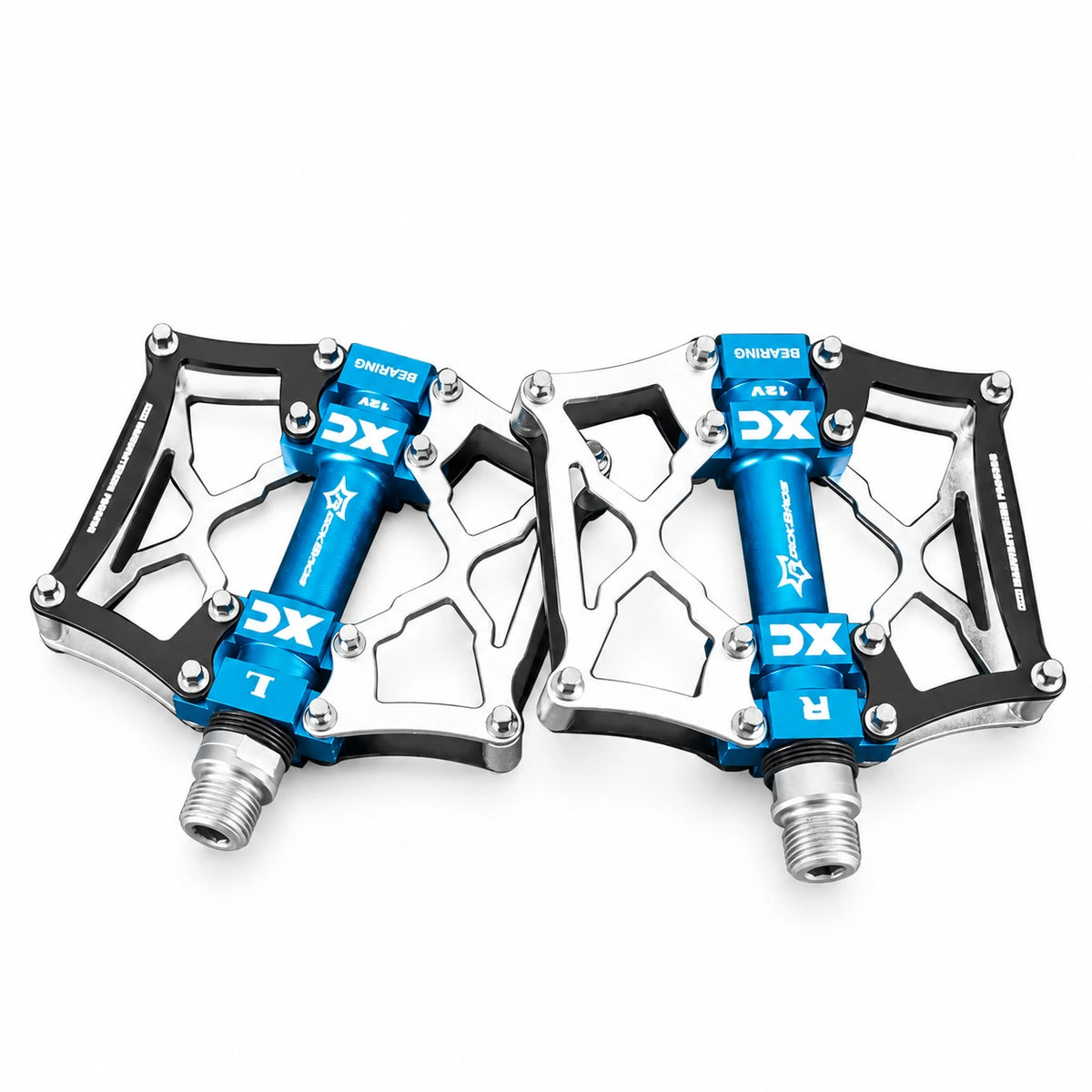 Silver and black bicycle pedal platforms with blue spindles on white background