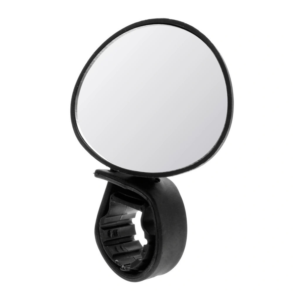 Black round bicycle rearview mirror and handlebar clamp on white background
