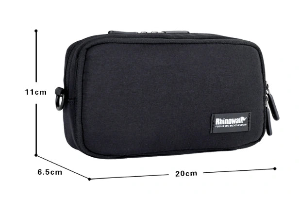 Black bicycle handlebar carry bag with supplier dimension labels