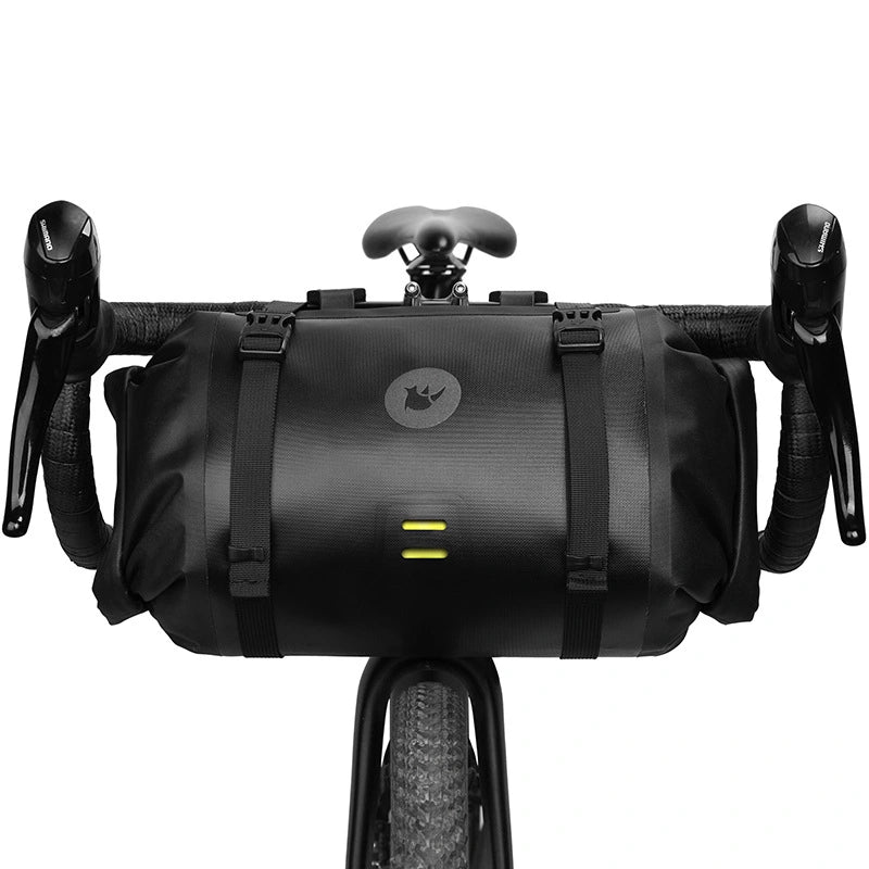 Black Rhinowalk handlebar bag mounted on bicycle handlebars on white background