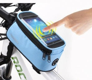 Blue bicycle phone bag installed on bicycle — colour reference