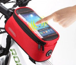 Red bicycle phone bag installed on bicycle — colour reference