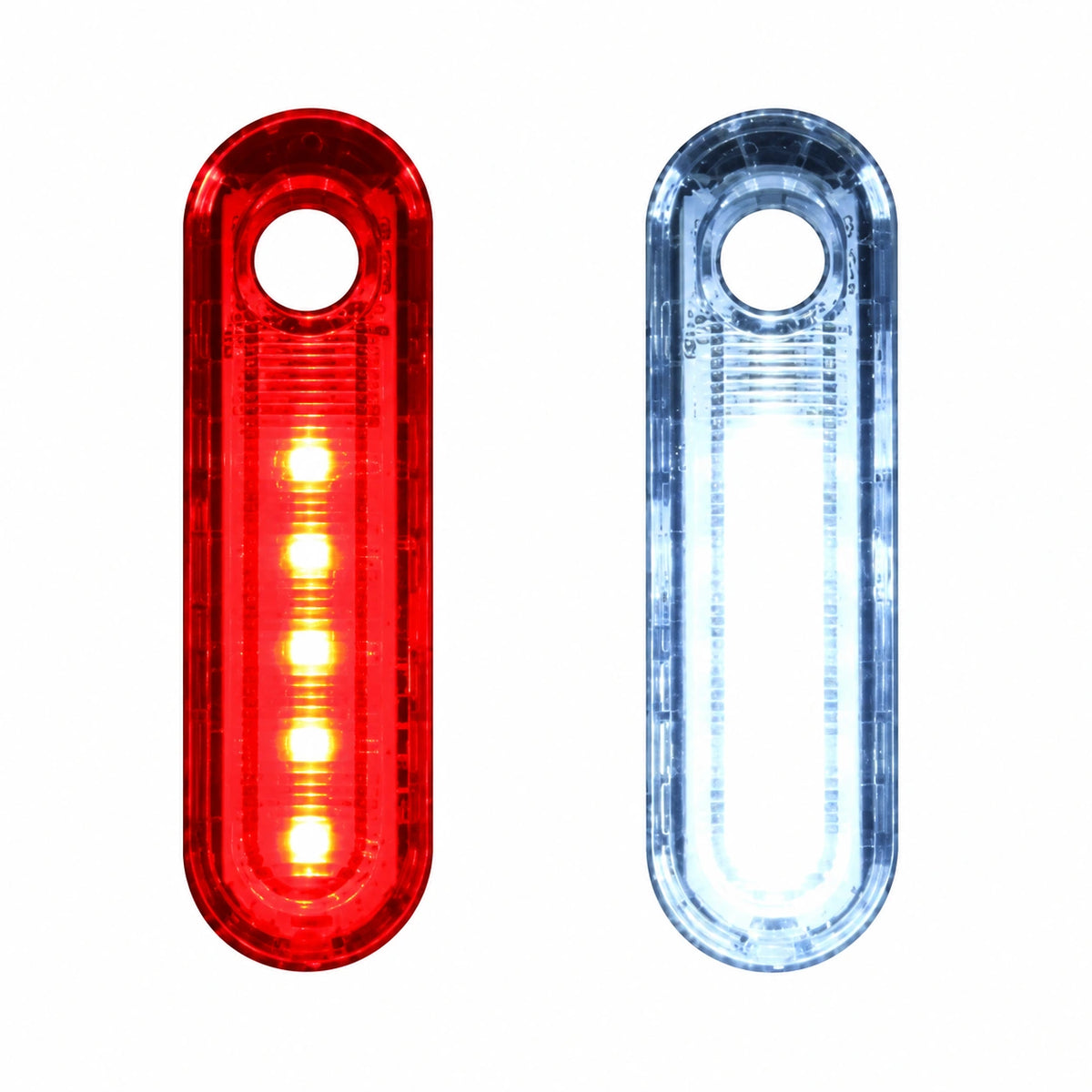 Red and white bicycle light colour options shown on white background