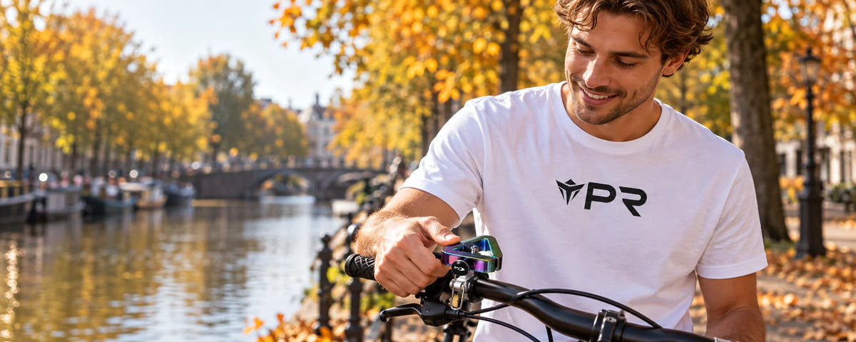 Rider in a white Punk Ride T-shirt using an iridescent bicycle bell beside an autumn canal.