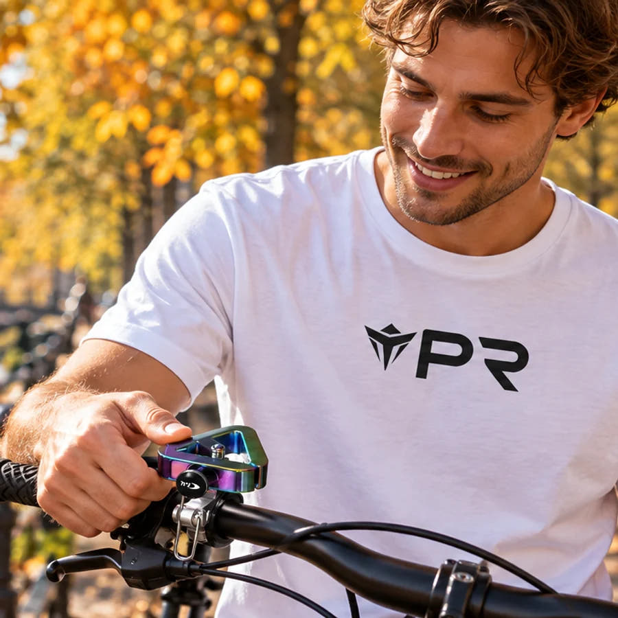 Rider in a white Punk Ride T-shirt using an iridescent bicycle bell beside an autumn canal.