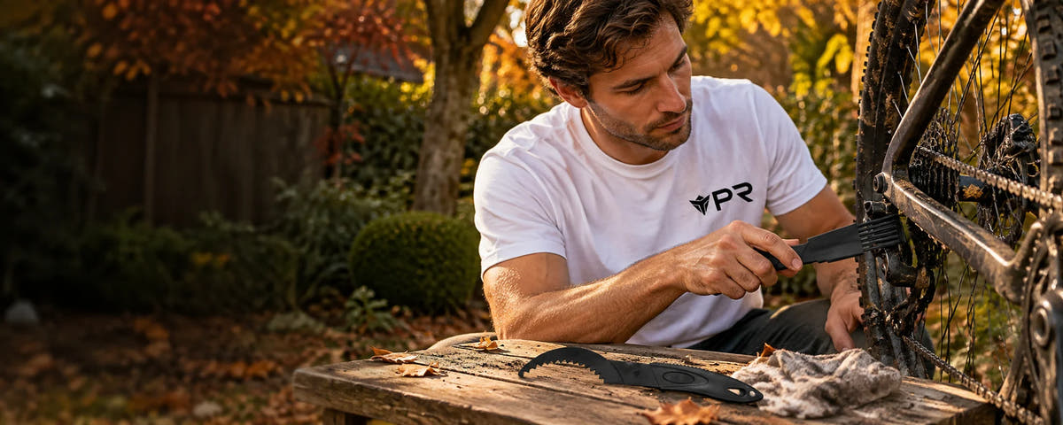 Rider in a white Punk Ride T-shirt using a black chain-cleaning brush at an autumn garden repair table.