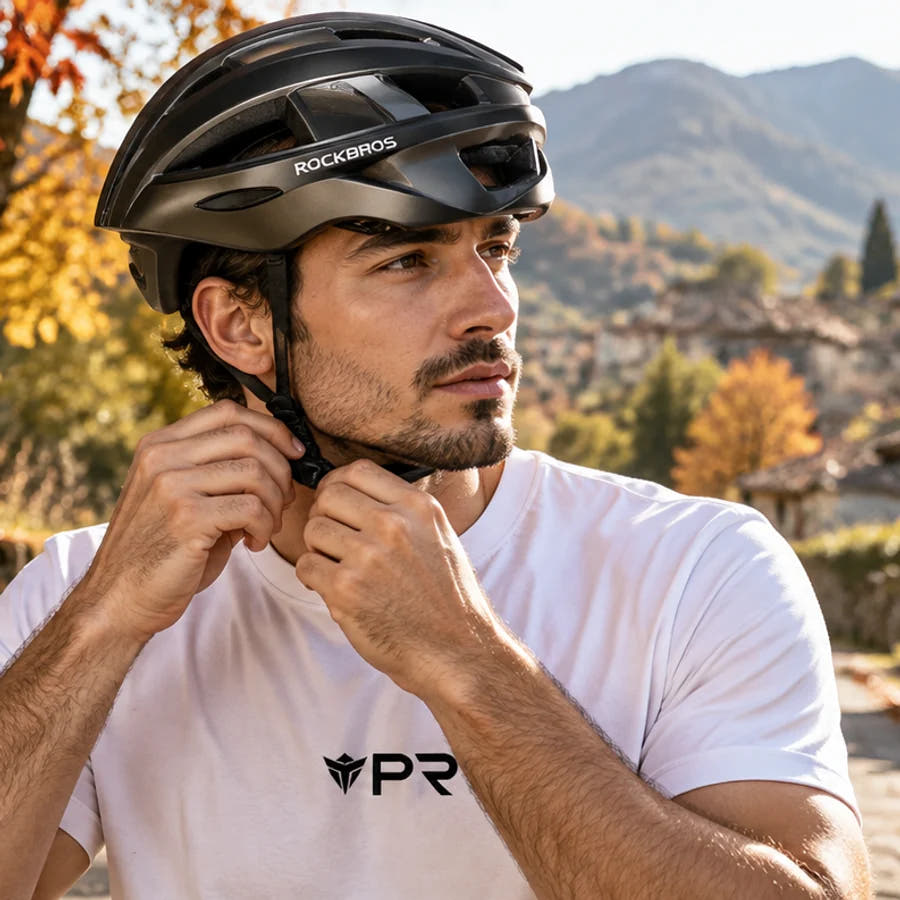 Rider in a white Punk Ride T-shirt adjusting a black ROCKBROS helmet on an autumn village cycle path.
