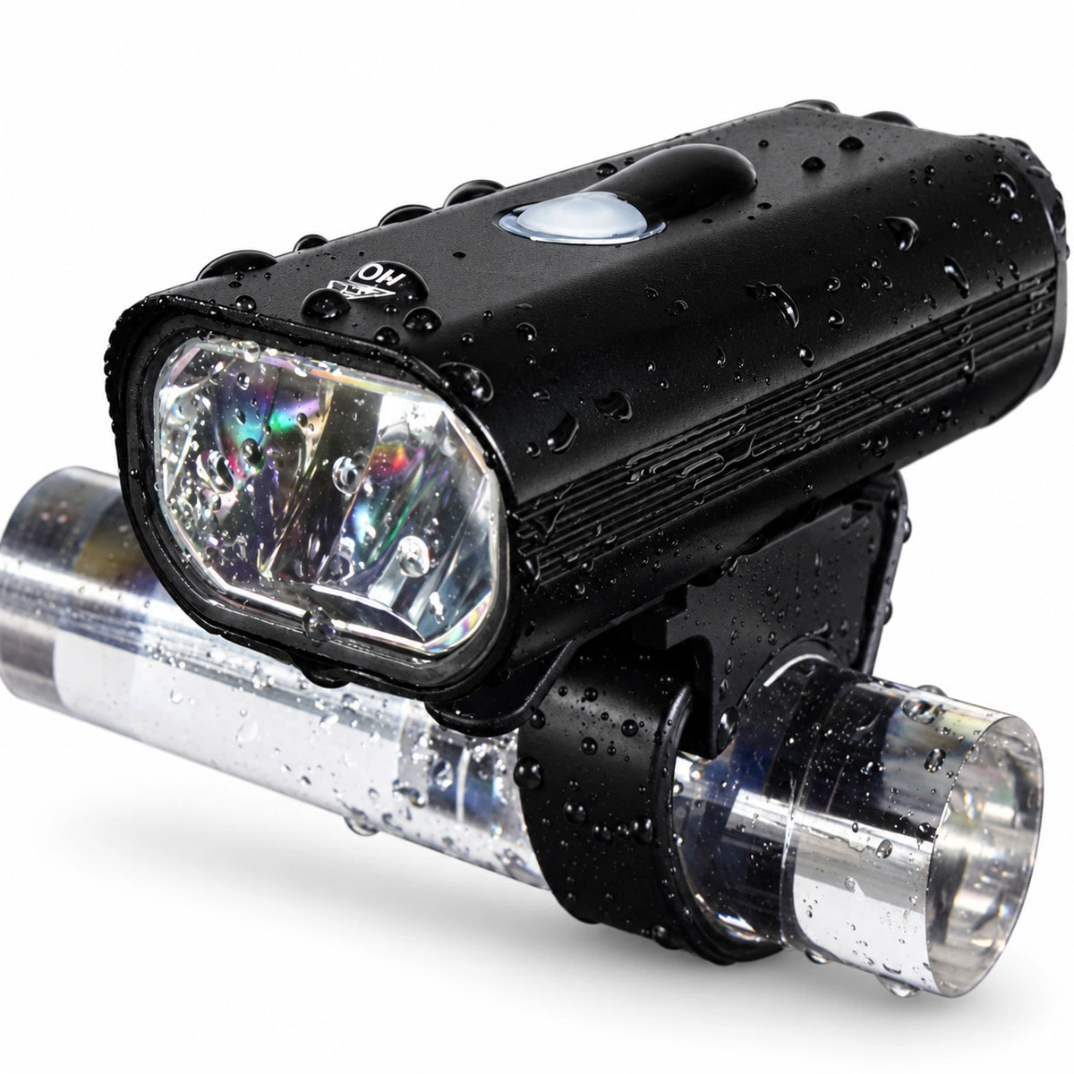 Black bicycle front light mounted on an illustrative handlebar section on white background