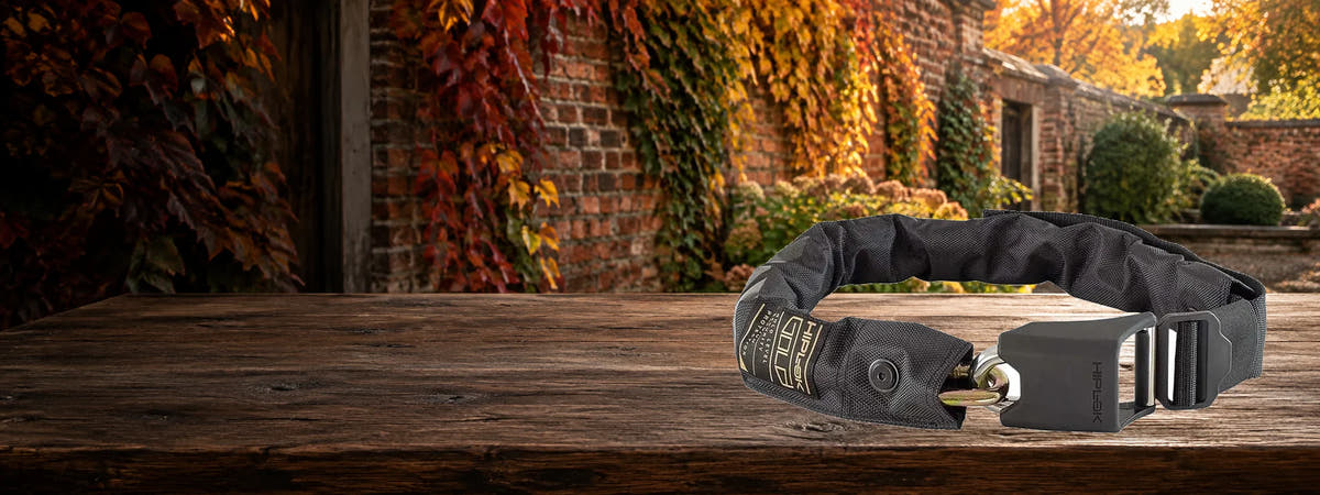 Hiplok Gold Wearable Bicycle Chain Lock — Black in an autumn setting for Bicycle Locks