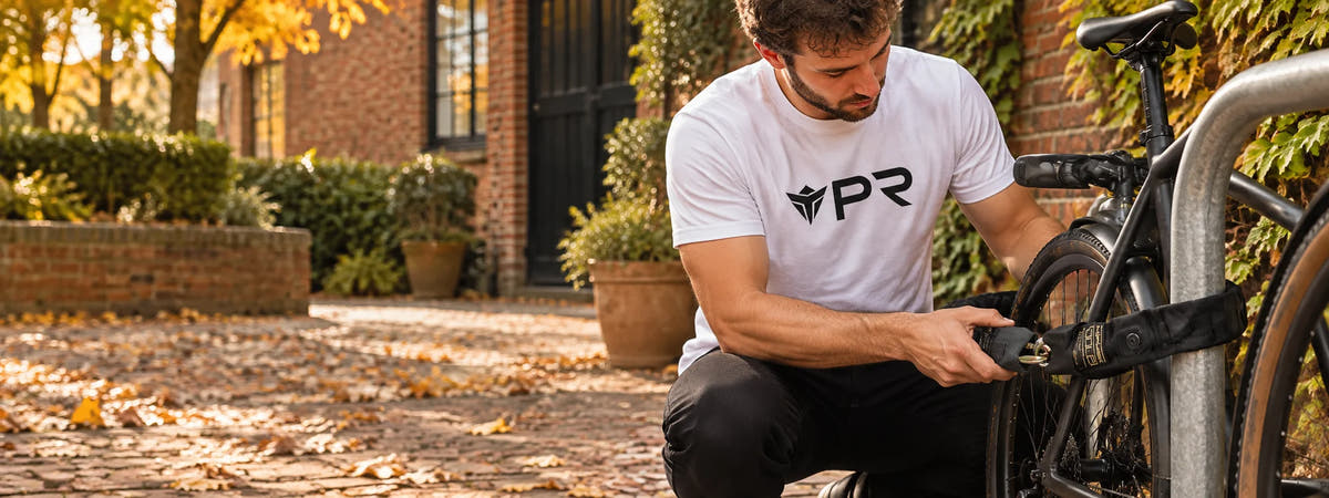 A person in a white Punk Ride logo T-shirt fastening the exact black fabric-covered Hiplok Gold chain lock around a parked bicycle frame and fixed bike stand in an autumn setting. Desktop collection banner.