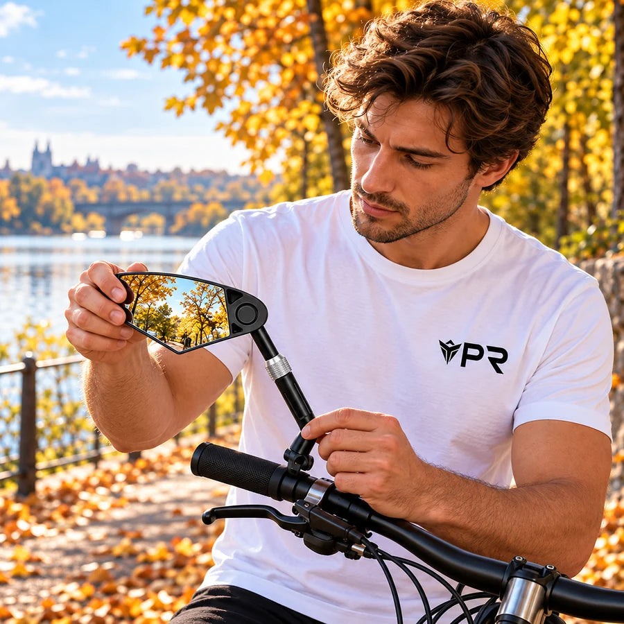 Rider in a white Punk Ride T-shirt adjusting an angular bicycle mirror beside an autumn riverside.