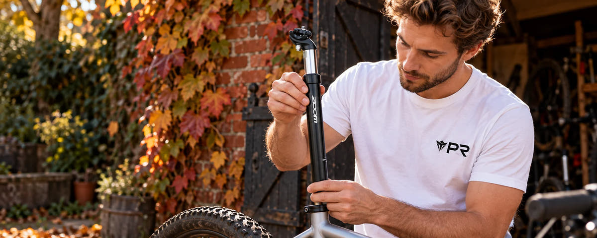 Rider in a white Punk Ride T-shirt fitting a black and silver ZOOM suspension seatpost at an autumn cycle workshop.