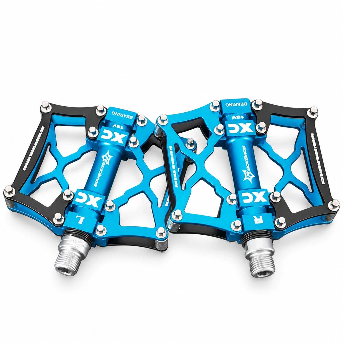 Blue bicycle platform pedal pair on white background