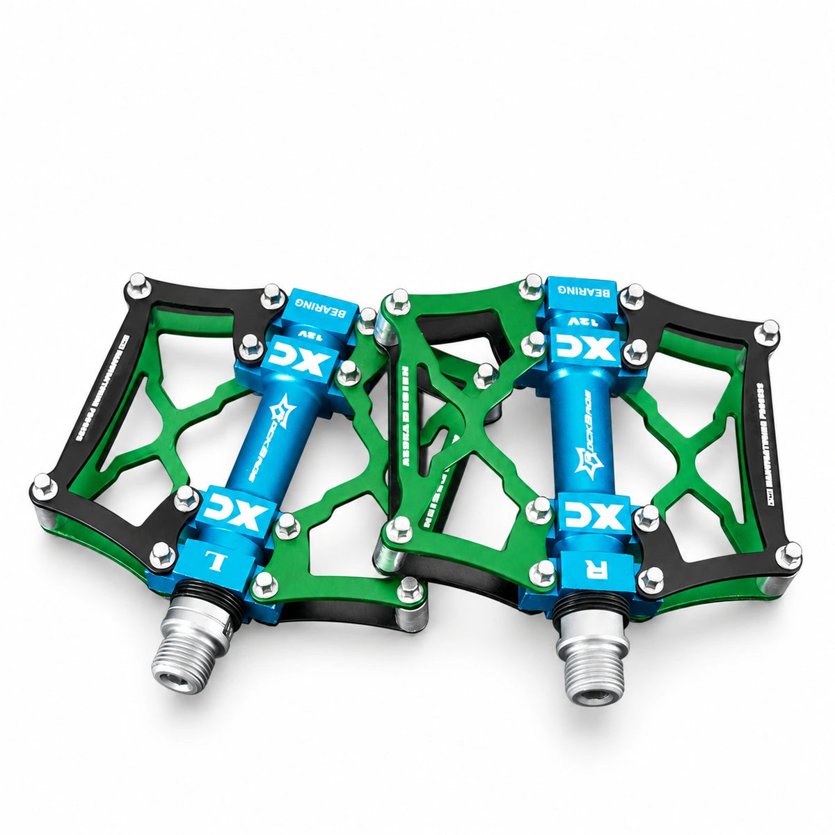 Green bicycle platform pedal pair on white background