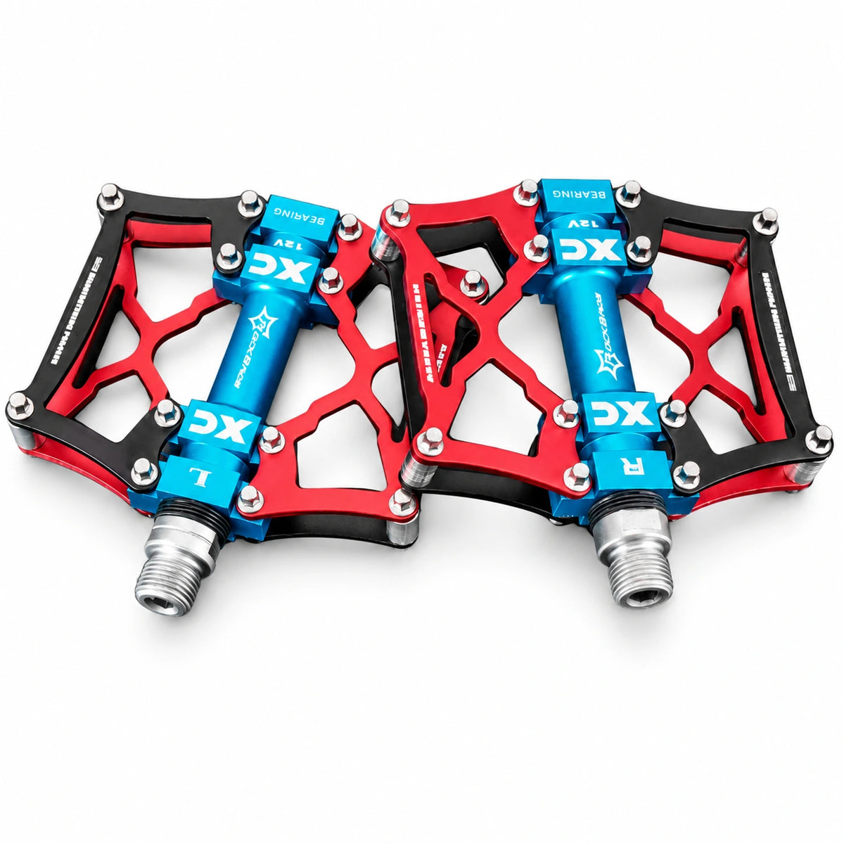 Red bicycle platform pedal pair on white background
