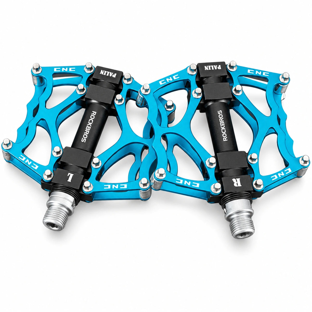 Blue bicycle platform pedal pair on white background