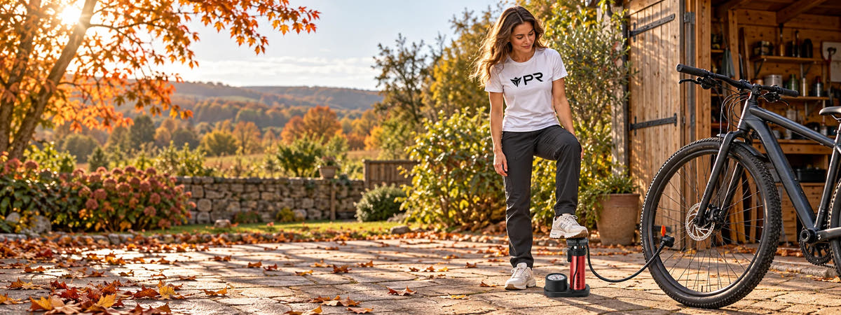 A person in a white Punk Ride logo T-shirt operating the exact small red foot-operated pump with one trainer on its grey foot pedal, hose attached to a bicycle tyre valve in an autumn setting. Desktop collection banner.