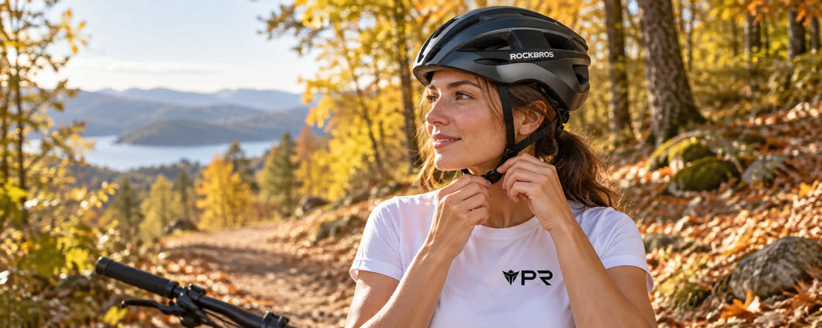 Woman in a white Punk Ride T-shirt adjusting a black ROCKBROS helmet on an autumn woodland trail.