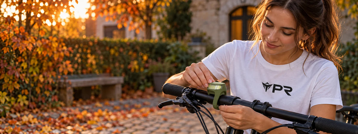 A person in a white Punk Ride logo T-shirt fastening the exact olive-green Knog Frog compact light to a parked bicycle handlebar, hands and light clearly visible in an autumn setting. Desktop collection banner.