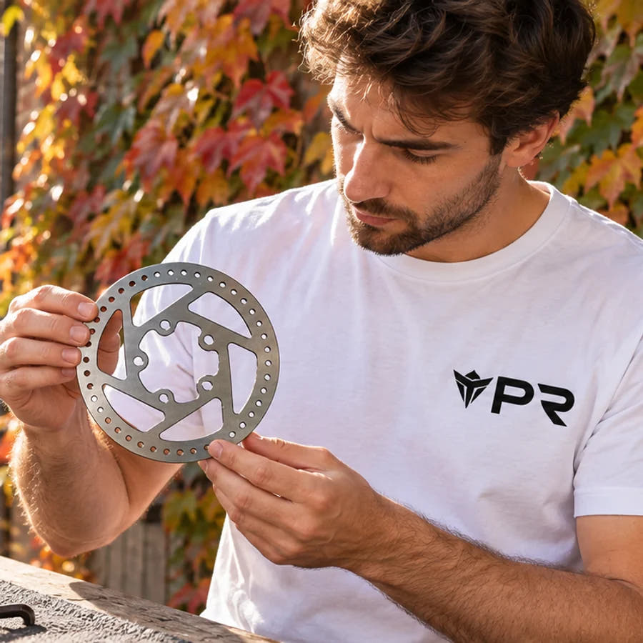 Rider in a white Punk Ride T-shirt inspecting a silver replacement scooter brake rotor at an autumn workshop.