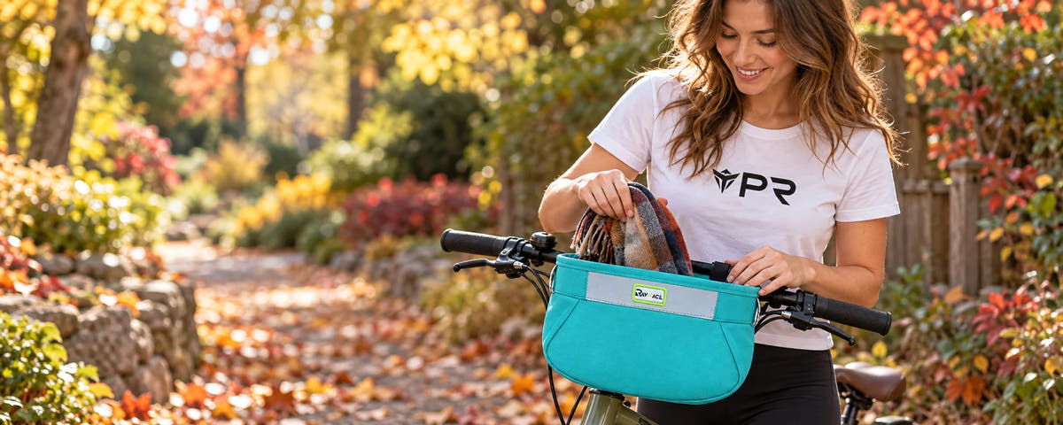 Woman in a white Punk Ride T-shirt packing a turquoise handlebar basket in an autumn garden.