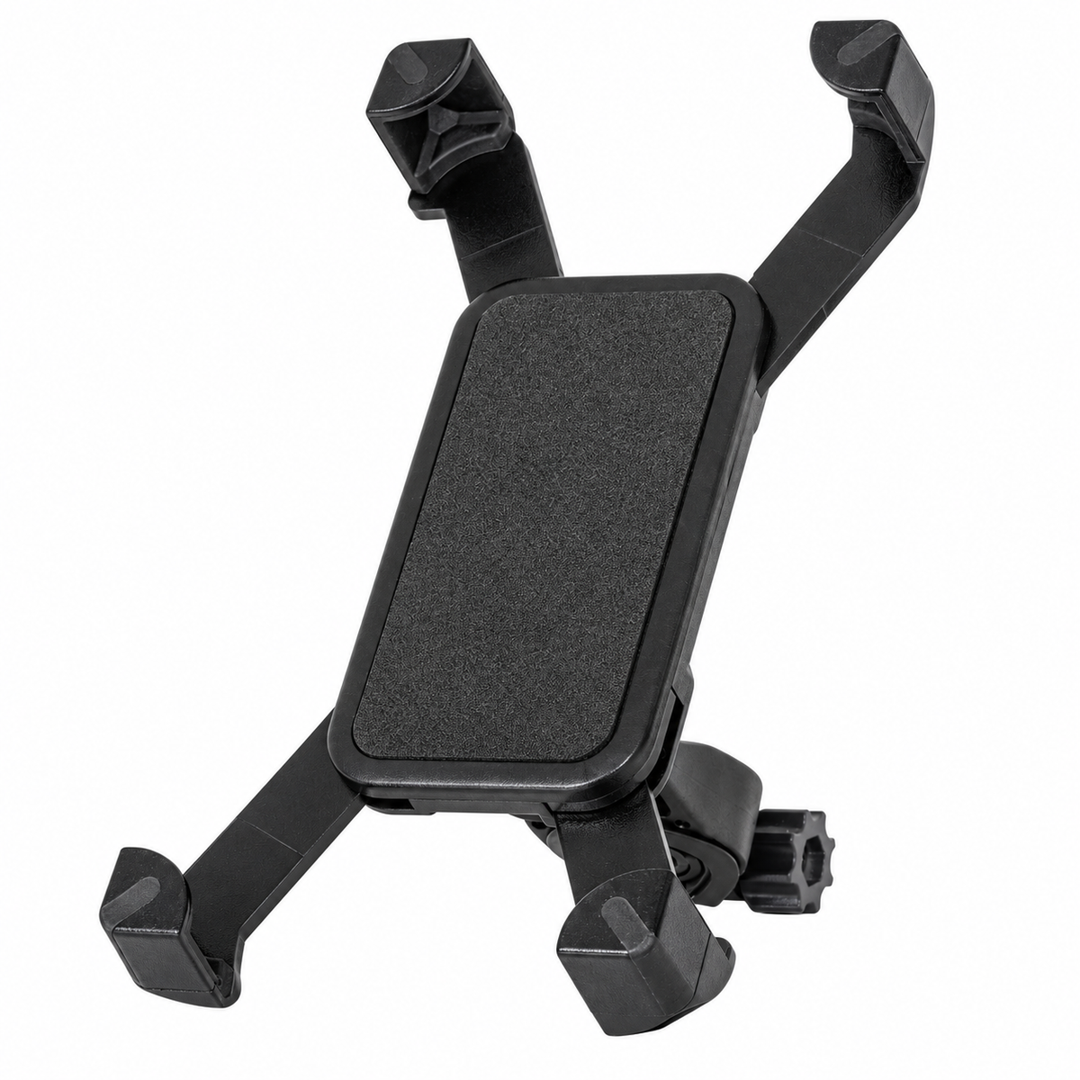 Black adjustable handlebar phone mount on white background