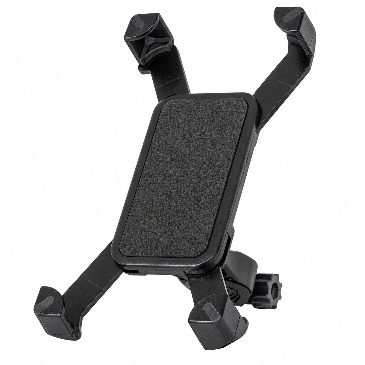 Black adjustable handlebar phone mount on white background