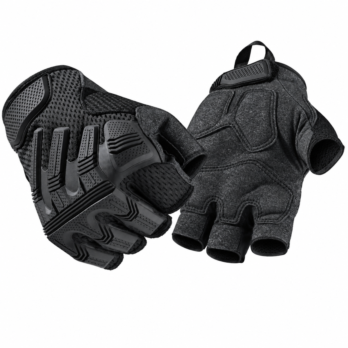 Black half-finger riding gloves back and palm views on white background