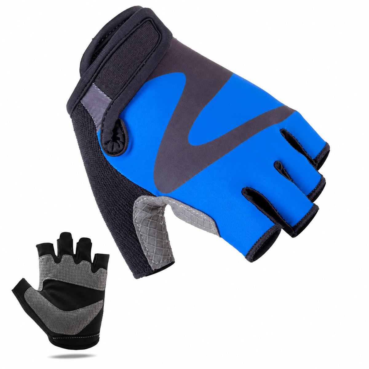 Blue half-finger cycling glove with palm view on white background