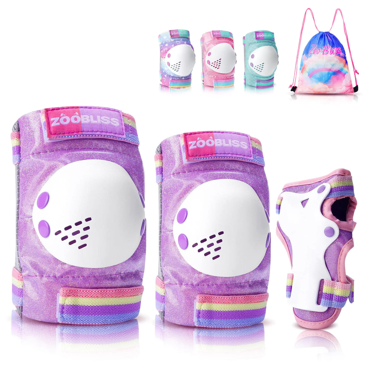 Knee Pads for Kids ZOOBLISS Toddler Knee and Elbow Pads Set Wrist Guards for Skating Girls Aged 3-15 Kids Protective Gear for Roller Skates Skateboard Bike Scooter Included Drawstring Bag (Purple)